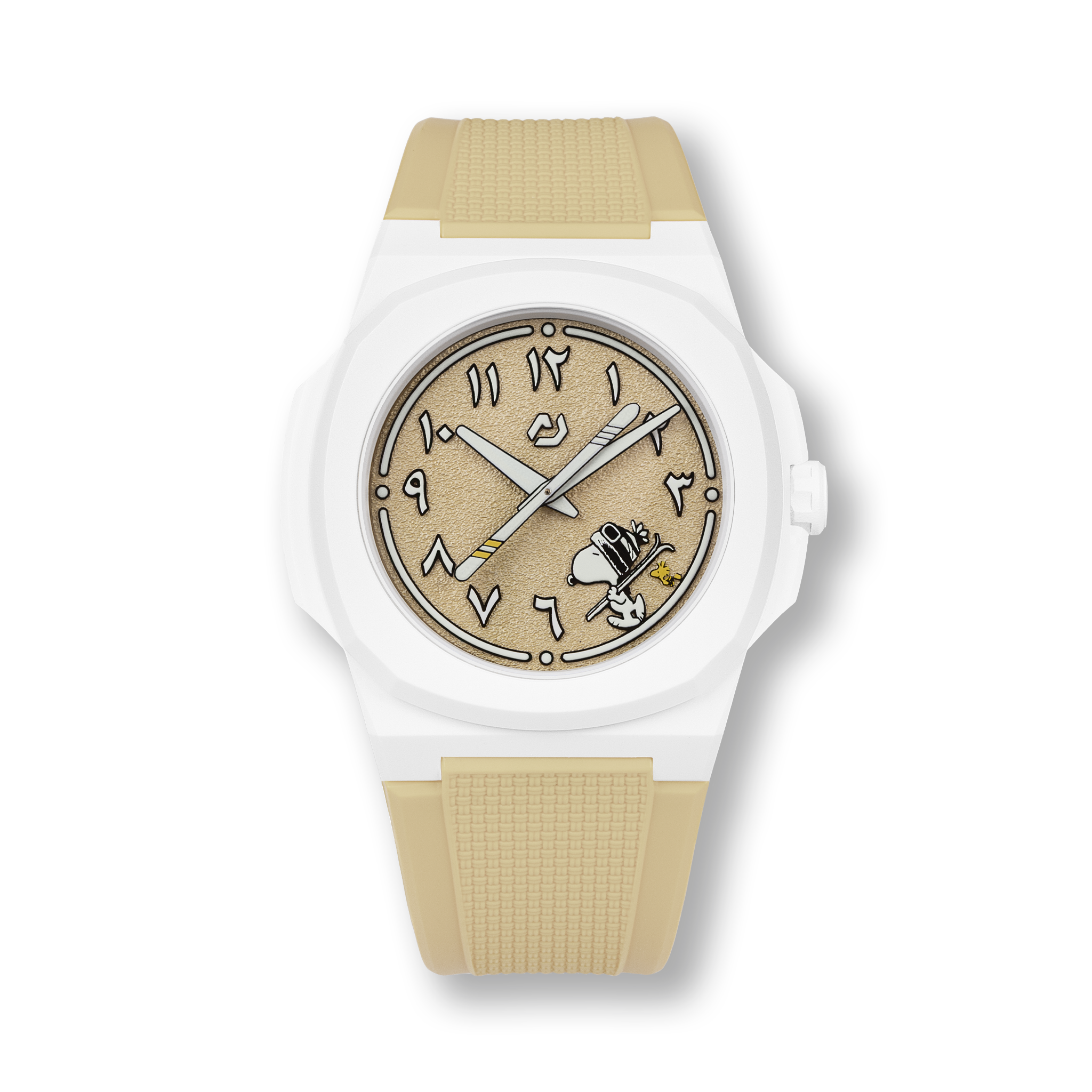 Nuncier Snoopy Sand Ski Edition watch with sand-textured dial and Arabic markers