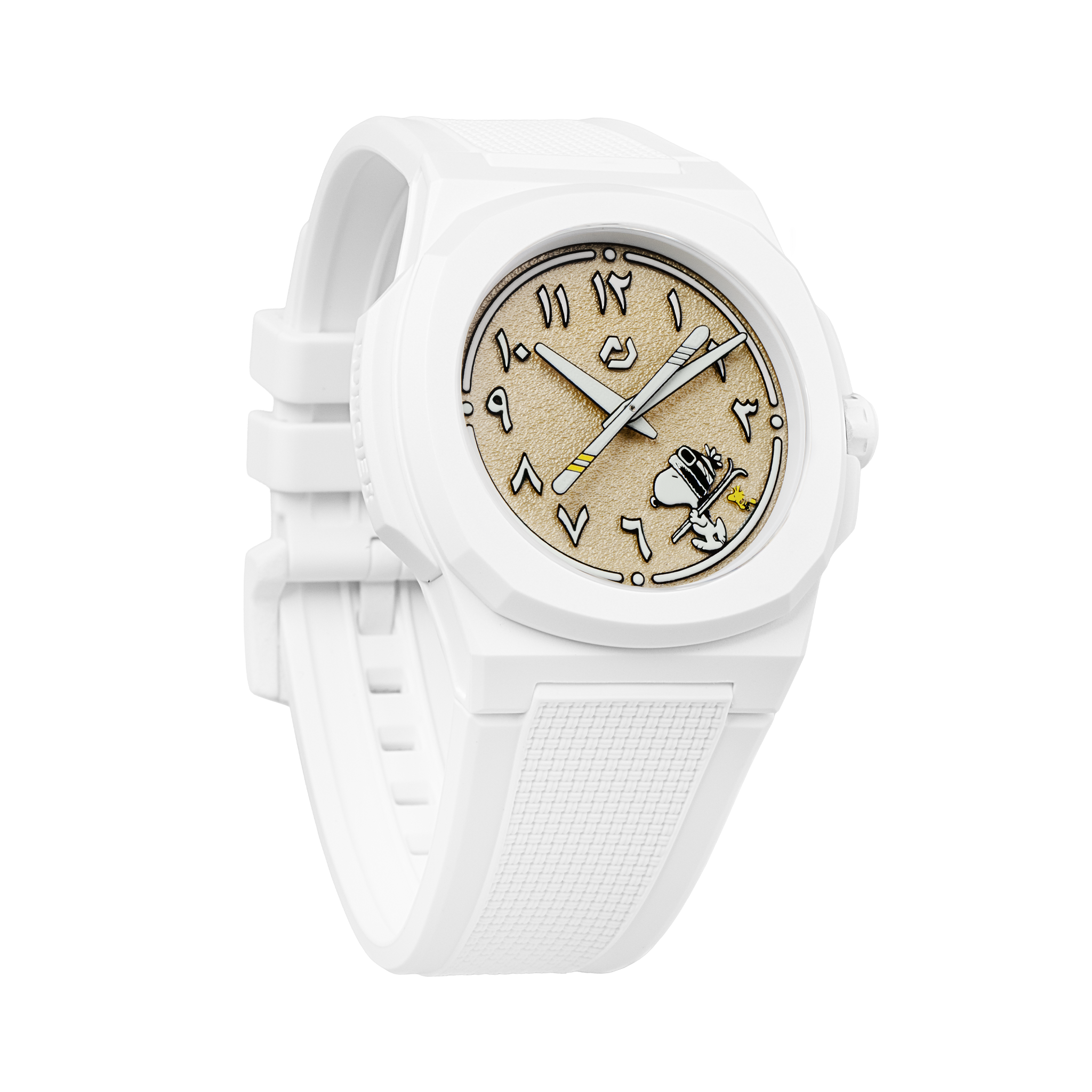 Nuncier Snoopy Sand Ski Edition watch with sand-textured dial and Arabic markers