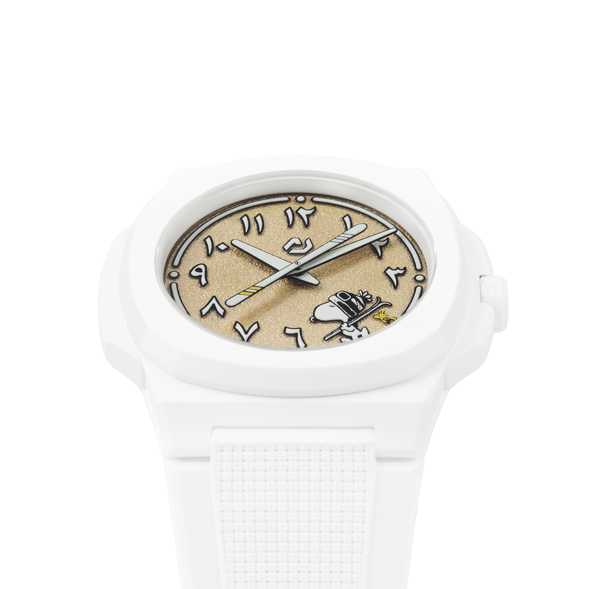 Nuncier Snoopy Sand Ski Edition watch with sand-textured dial and Arabic markers